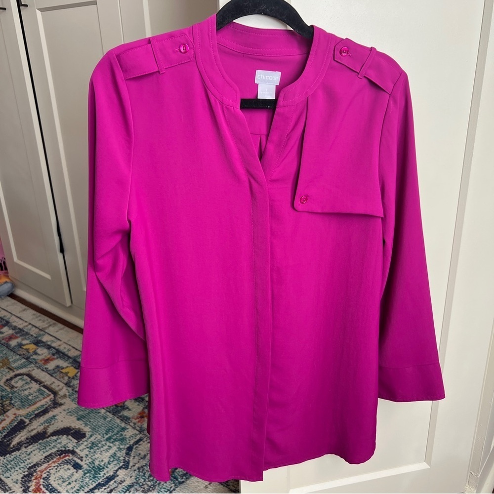 Chico's Magenta Pink Shoulder Epaulet Button Front Blouse Size 1